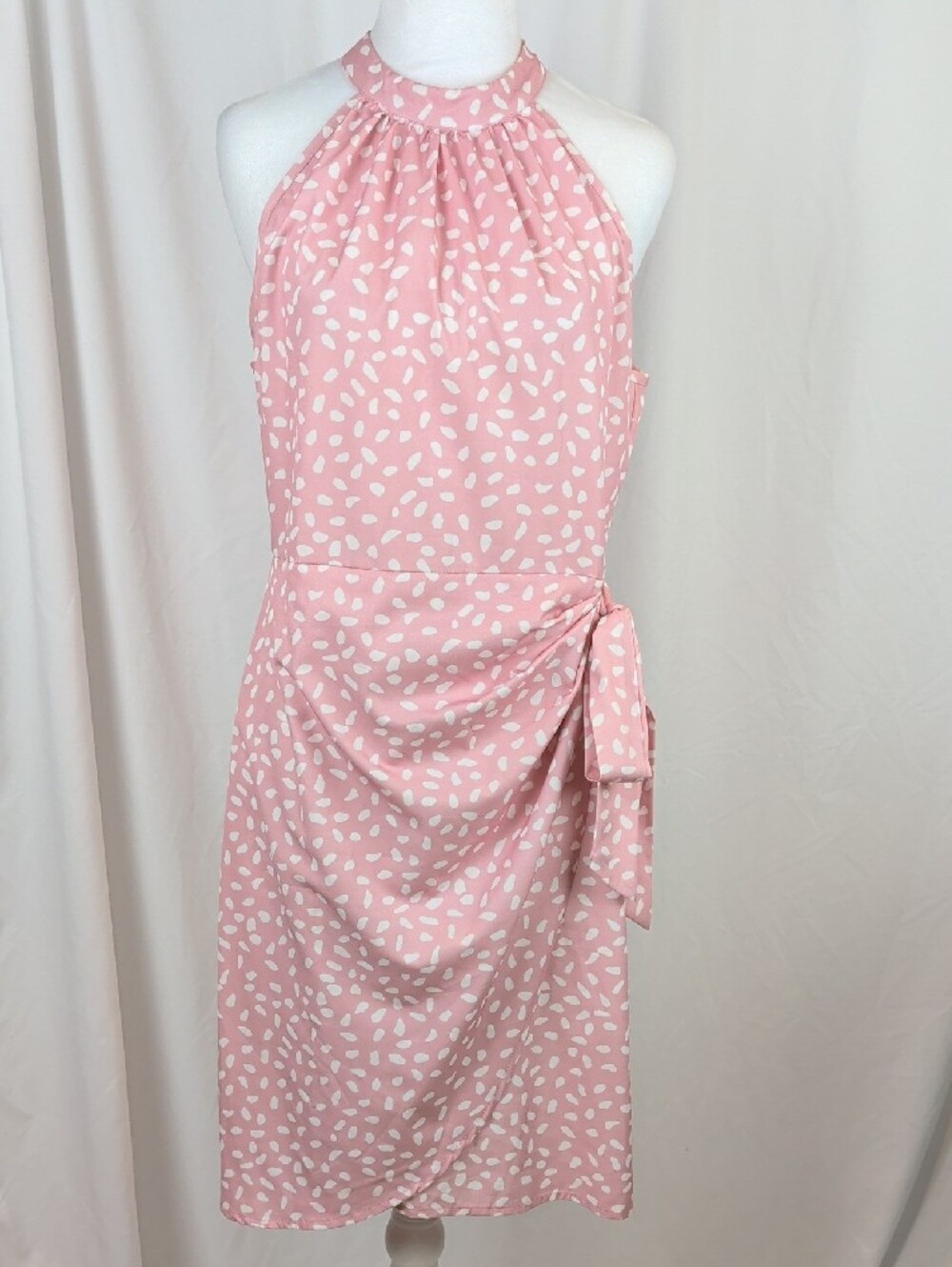 Pink White Polka Dot Halter Neck Mock Neck Wrap Dress Size L NWOT